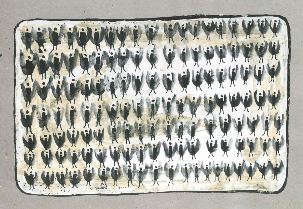 Viele kleine, stilisierte Figuren mit erhobenen Armen in Reihen auf hellem, rechteckigem Hintergrund